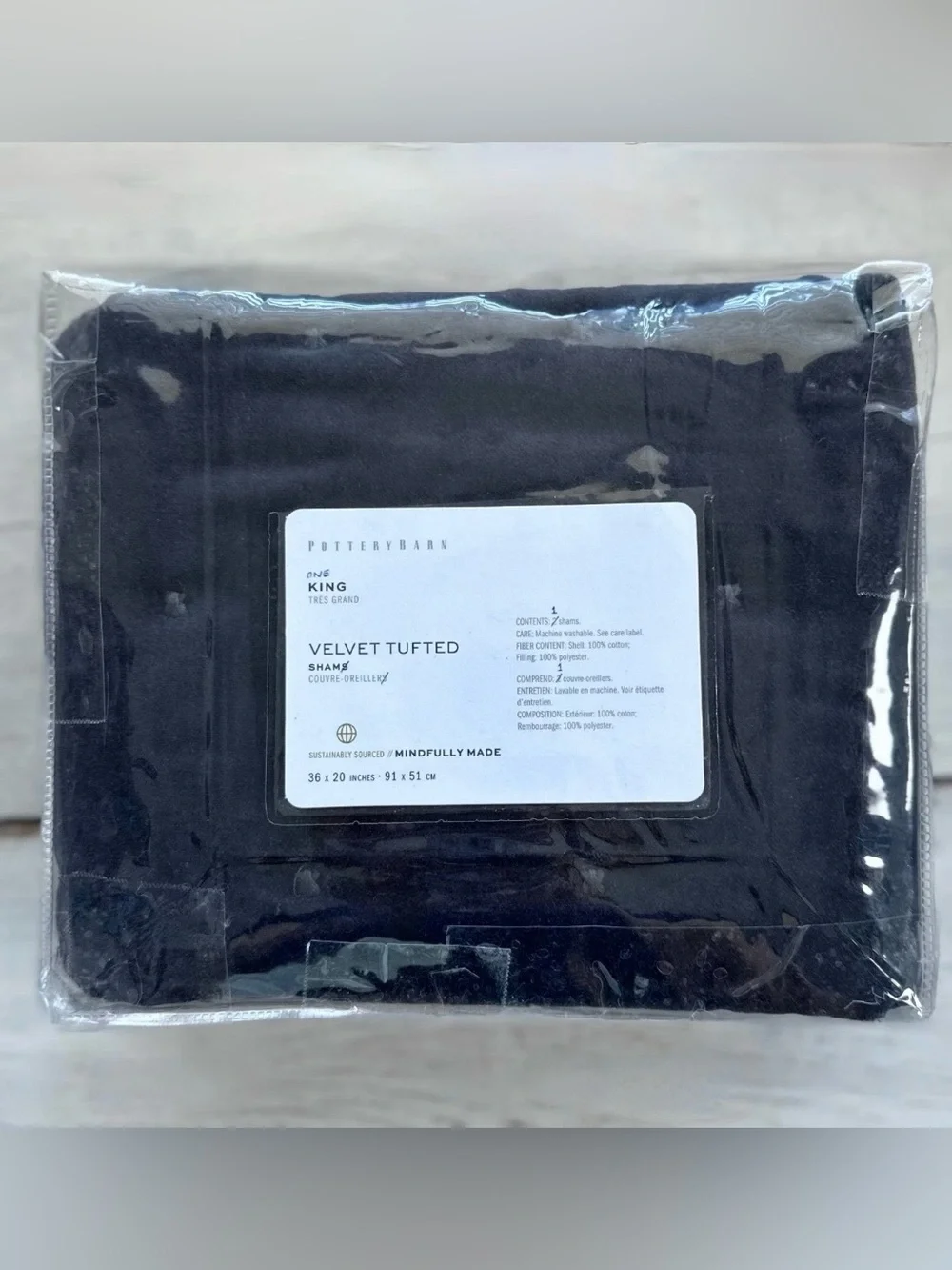 1 NEW Pottery Barn Velvet Tufted Quilted KING Pillow SHAM Dark Blue Raw Edge